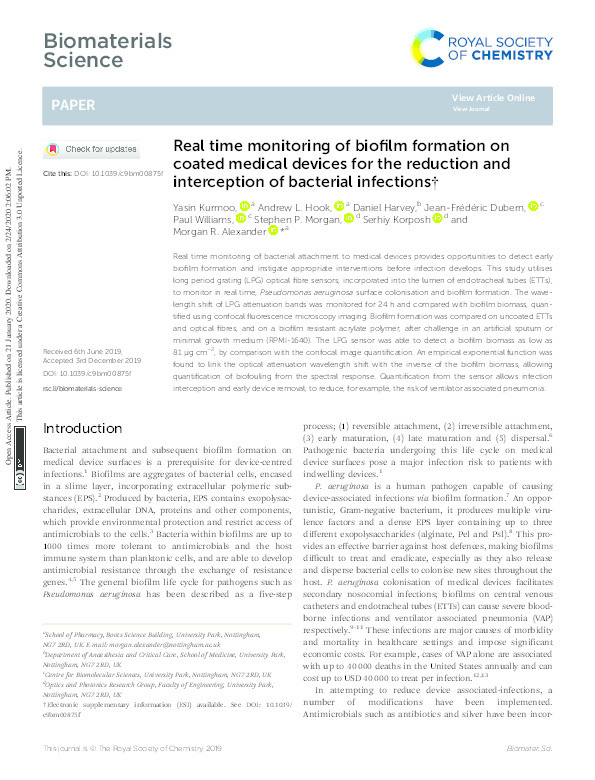 Real time monitoring of biofilm formation on coated medical devices for the reduction and interception of bacterial infections Thumbnail