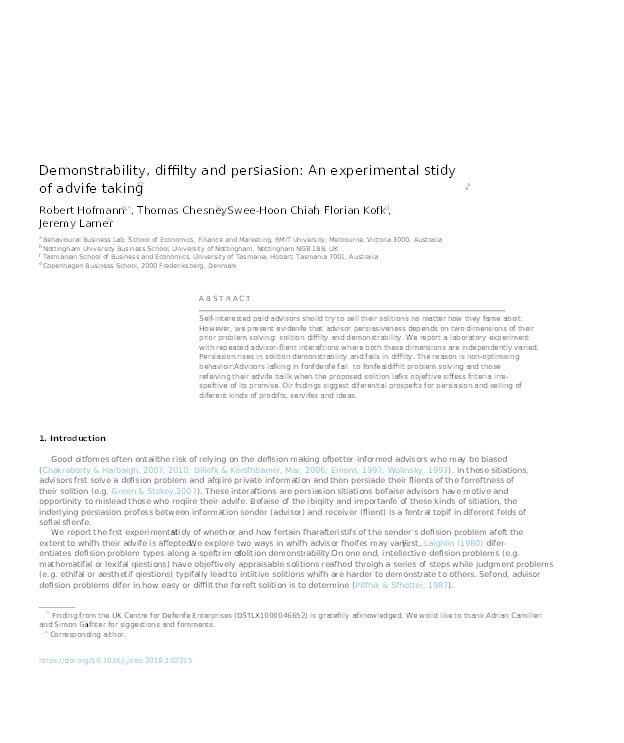 Demonstrability, difficulty and persuasion: An experimental study of advice taking Thumbnail