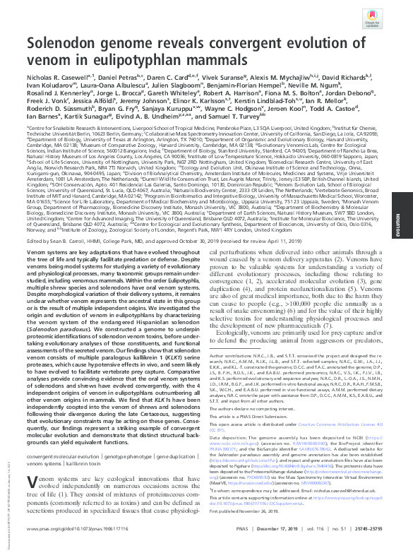 Solenodon genome reveals convergent evolution of venom in eulipotyphlan mammals Thumbnail