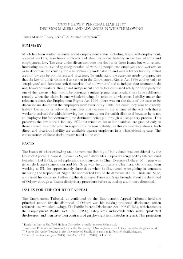 Timis v. Osipov: Personal Liability? Decision Makers and Advances in Whistleblowing Thumbnail