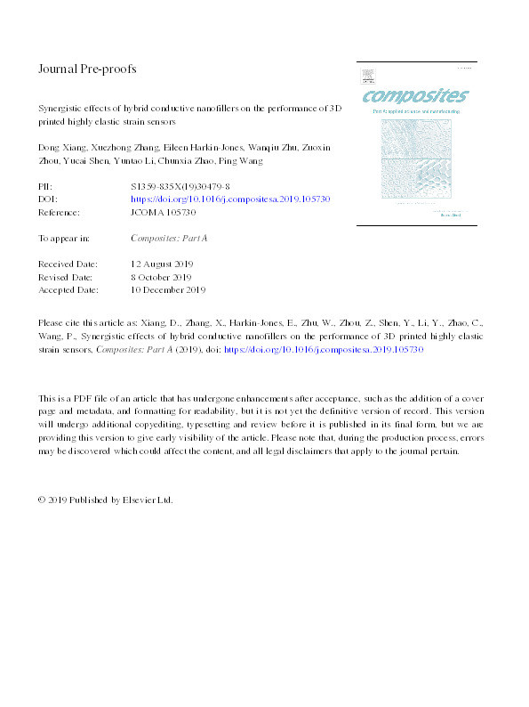 Synergistic effects of hybrid conductive nanofillers on the performance of 3D printed highly elastic strain sensors Thumbnail