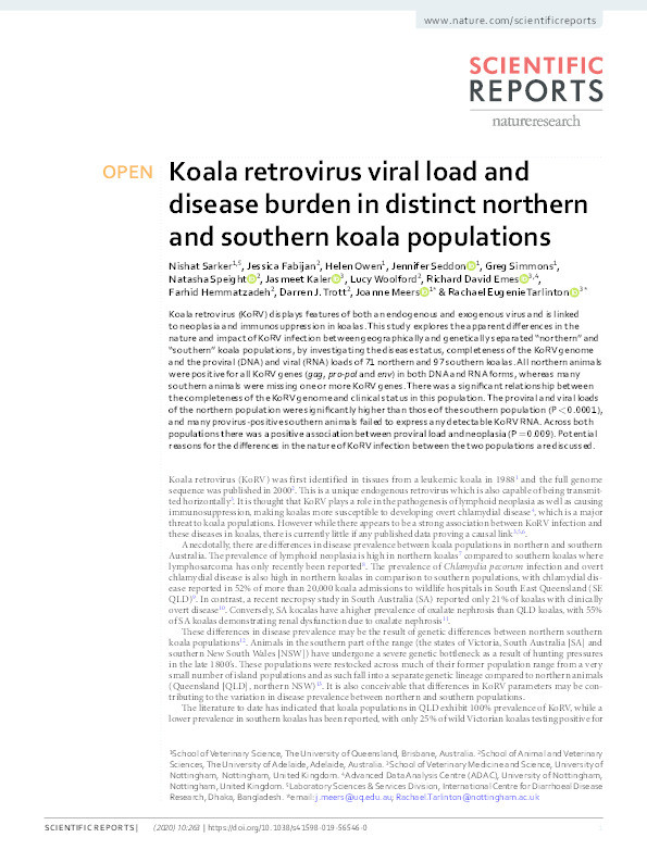 Koala retrovirus viral load and disease burden in distinct northern and southern koala populations Thumbnail