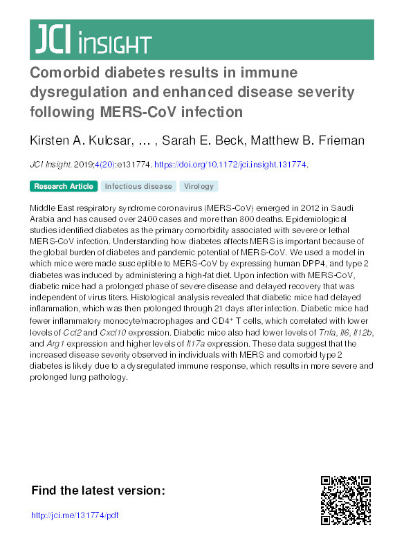 Comorbid diabetes results in immune dysregulation and enhanced disease severity following MERS-CoV infection Thumbnail