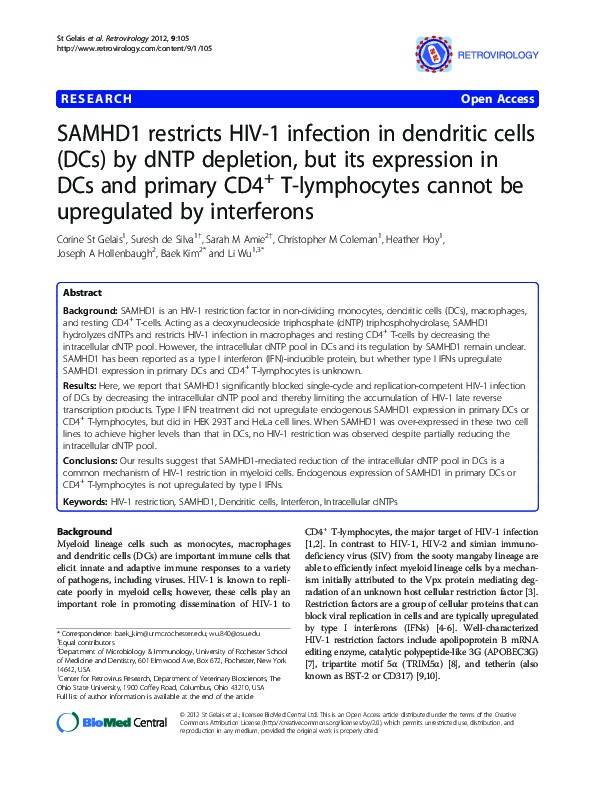 SAMHD1 restricts HIV-1 infection in dendritic cells (DCs) by dNTP depletion, but its expression in DCs and primary CD4+ T-lymphocytes cannot be upregulated by interferons Thumbnail