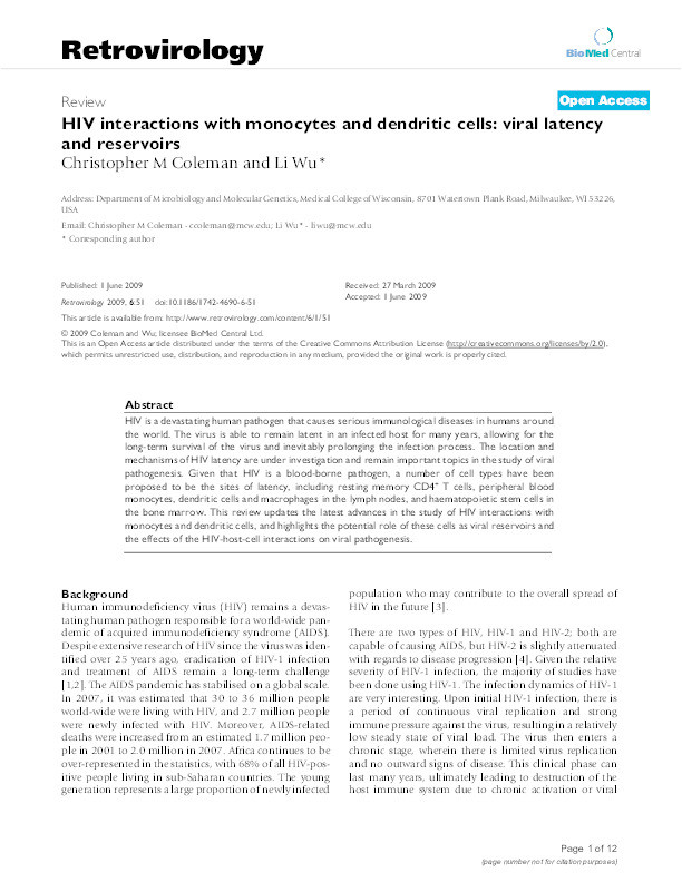 HIV interactions with monocytes and dendritic cells: viral latency and reservoirs Thumbnail