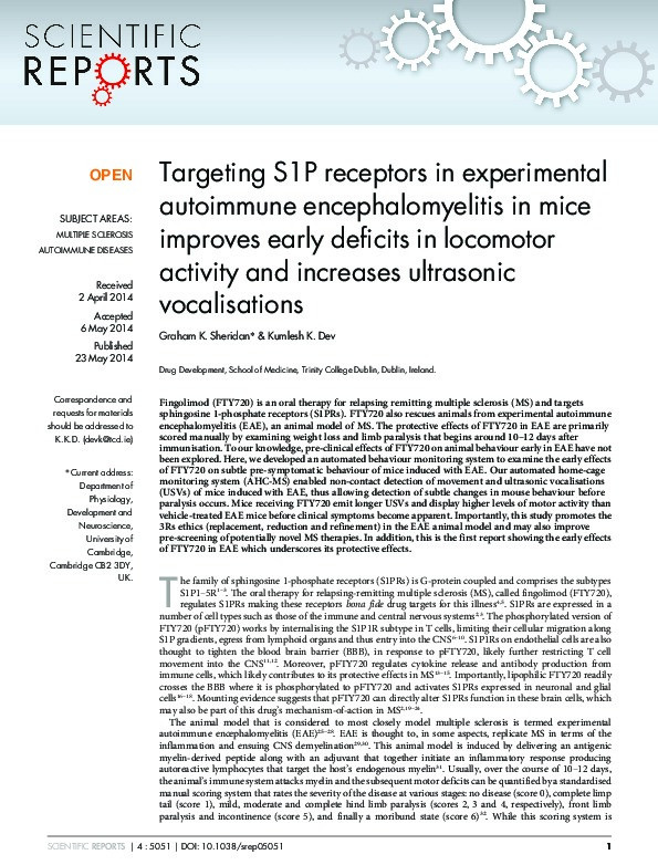 Targeting S1P receptors in experimental autoimmune encephalomyelitis in mice improves early deficits in locomotor activity and increases ultrasonic vocalisations Thumbnail