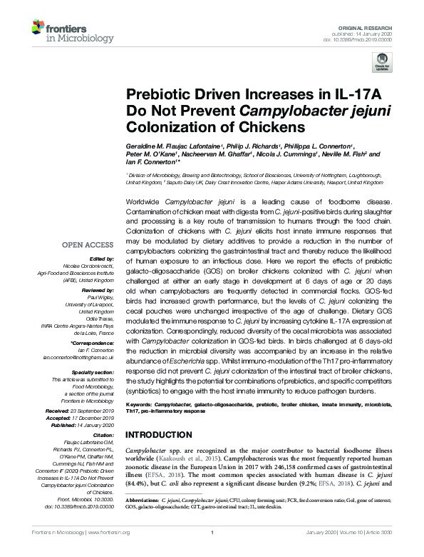 Prebiotic Driven Increases in IL-17A Do Not Prevent Campylobacter jejuni Colonization of Chickens Thumbnail