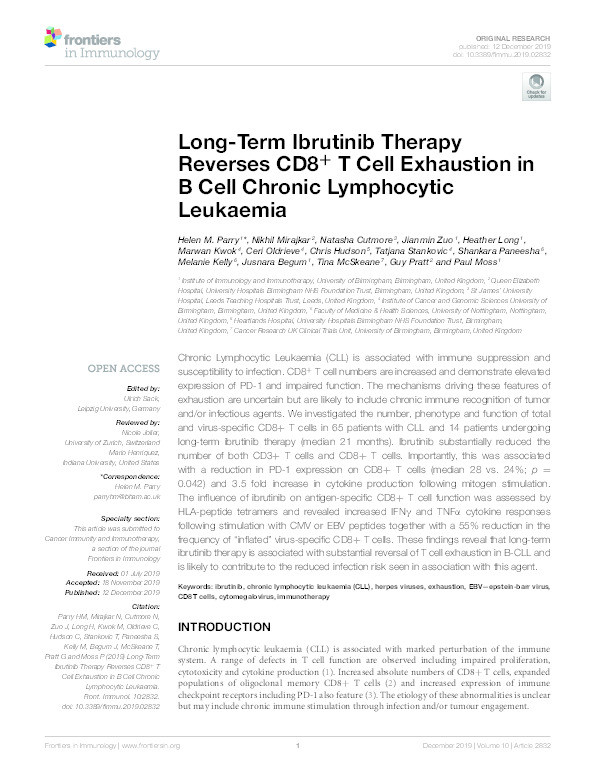 Long-Term Ibrutinib Therapy Reverses CD8+ T Cell Exhaustion in B Cell Chronic Lymphocytic Leukaemia Thumbnail