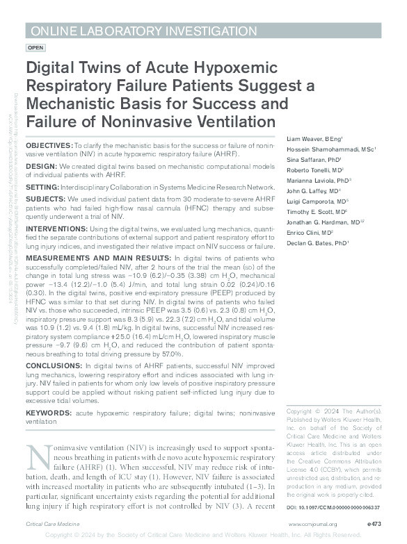 Digital Twins of Acute Hypoxemic Respiratory Failure Patients Suggest a Mechanistic Basis for Success and Failure of Noninvasive Ventilation Thumbnail