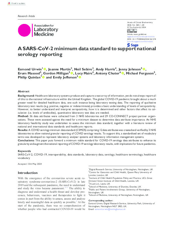 A SARS-CoV-2 minimum data standard to support national serology reporting Thumbnail