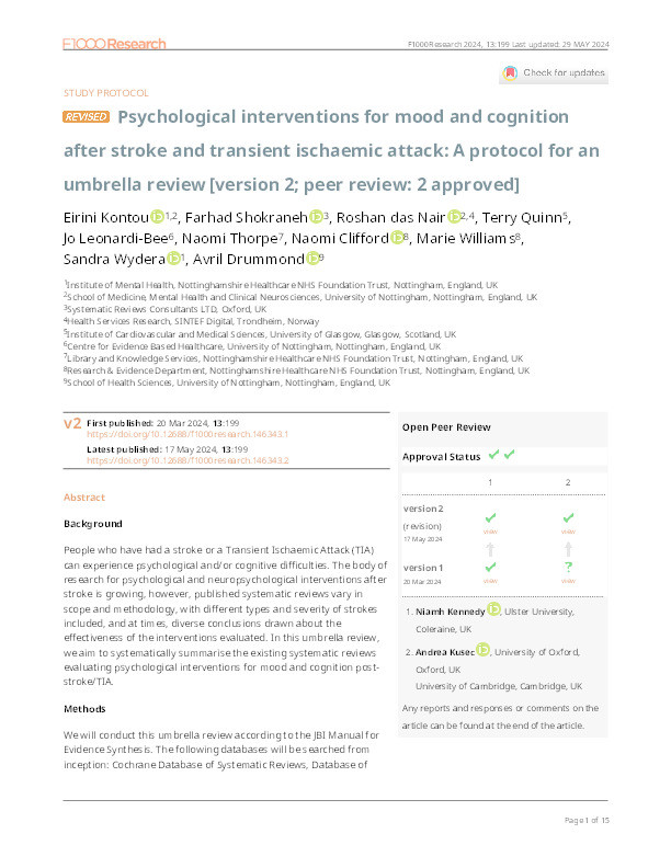 Psychological interventions for mood and cognition after stroke and transient ischaemic attack: A protocol for an umbrella review Thumbnail