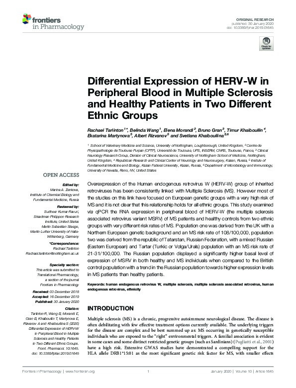 Differential expression of HERV-W in peripheral blood in multiple sclerosis and healthy patients in two different ethnic groups Thumbnail