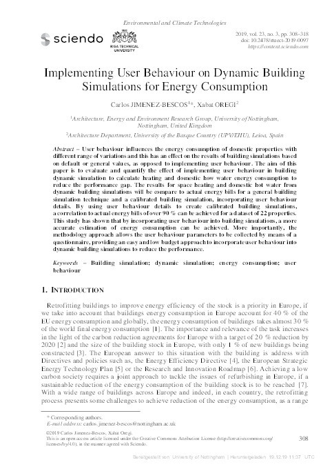 Implementing User Behaviour on Dynamic Building Simulations for Energy Consumption Thumbnail