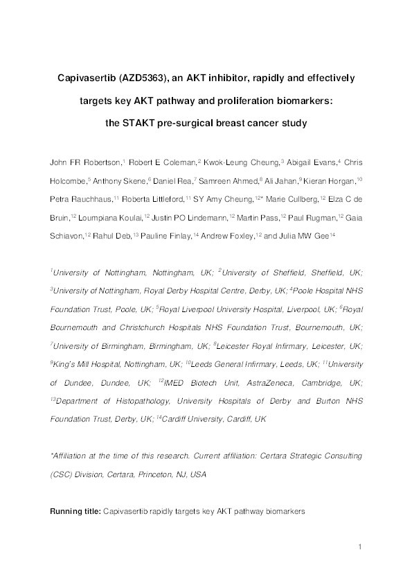 Proliferation and AKT activity biomarker analyses after Capivasertib (AZD5363) treatment of patients with ER+ invasive breast cancer (STAKT) Thumbnail