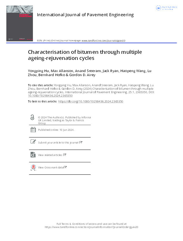 Characterisation of bitumen through multiple ageing-rejuvenation cycles Thumbnail