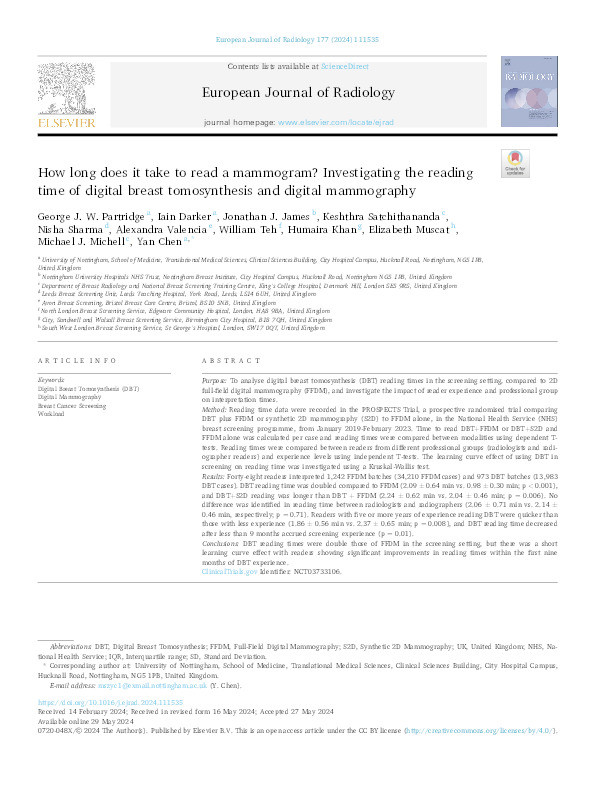 How Long Does It Take to Read a Mammogram? Investigating the Reading Time of Digital Breast Tomosynthesis and Digital Mammography Thumbnail