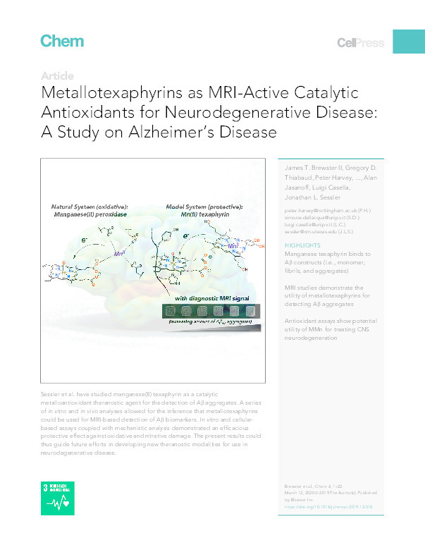 Metallotexaphyrins as MRI-Active Catalytic Antioxidants for Neurodegenerative Disease: A Study on Alzheimer’s Disease Thumbnail