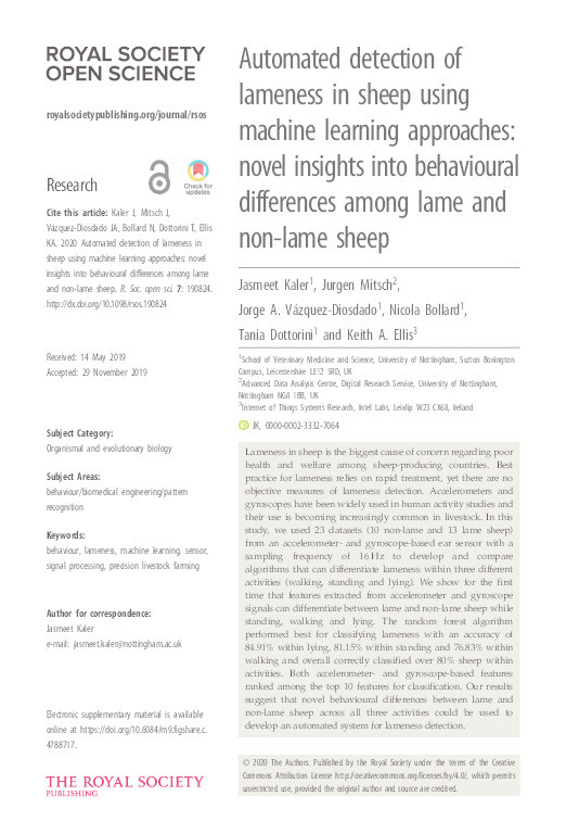 Automated detection of lameness in sheep using machine learning approaches: novel insights into behavioural differences among lame and non-lame sheep Thumbnail