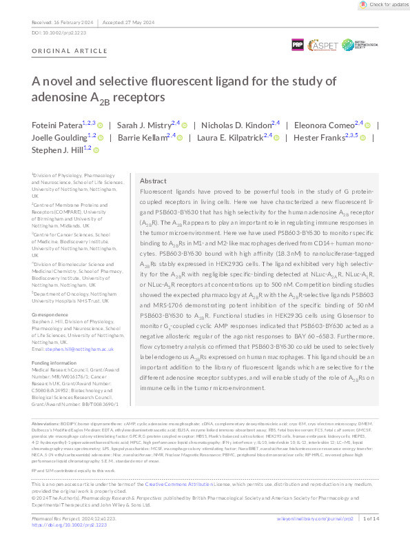 A novel and selective fluorescent ligand for the study of adenosine A2B receptors Thumbnail