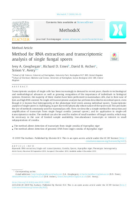 Method for RNA extraction and transcriptomic analysis of single fungal spores Thumbnail