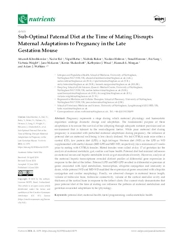 Sub-optimal paternal diet at the time of mating disrupts maternal adaptations to pregnancy in the late gestation mouse Thumbnail