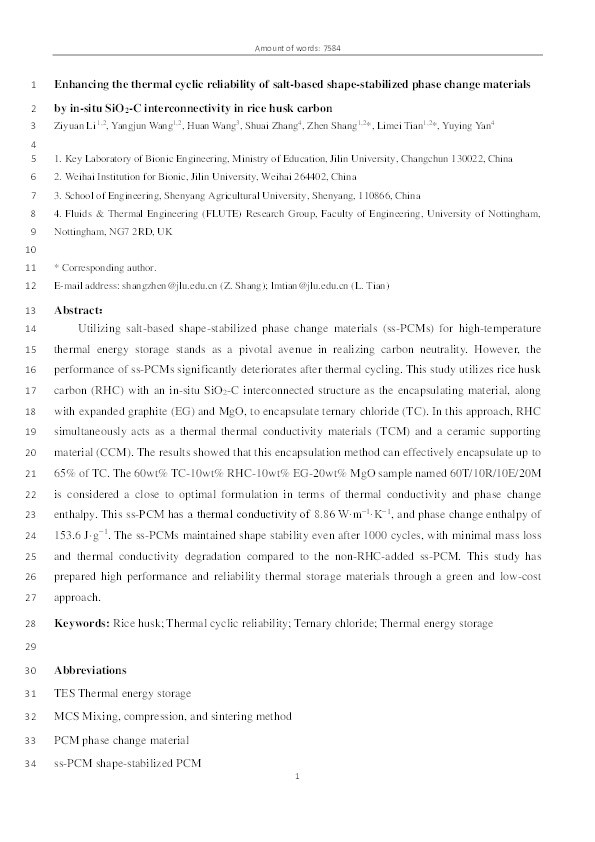 Enhancing the thermal cyclic reliability of salt-based shape-stabilized phase change materials by in-situ SiO2–C interconnectivity in rice husk carbon Thumbnail