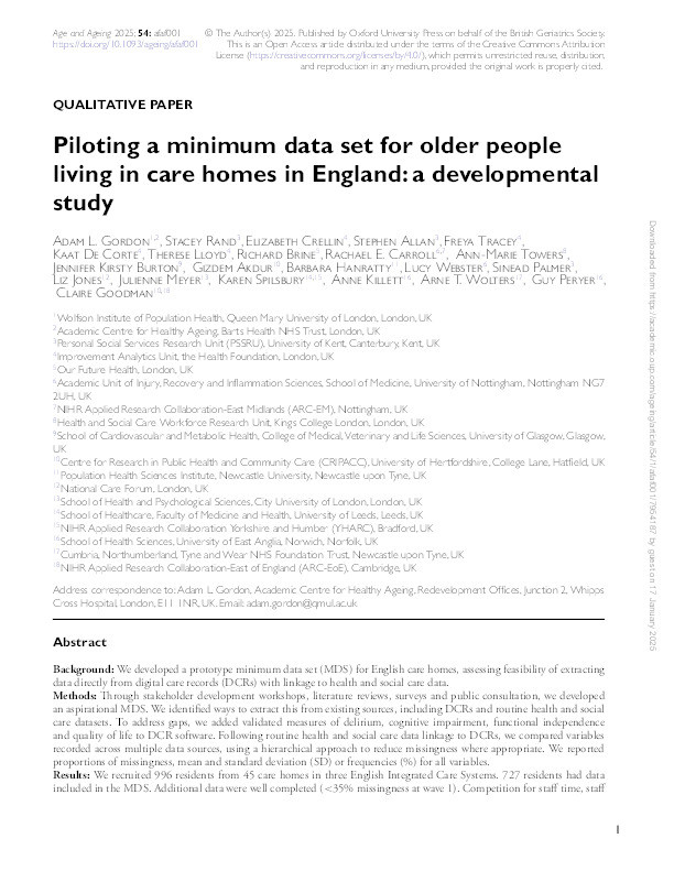 Piloting a minimum data set for older people living in care homes in England: a developmental study Thumbnail