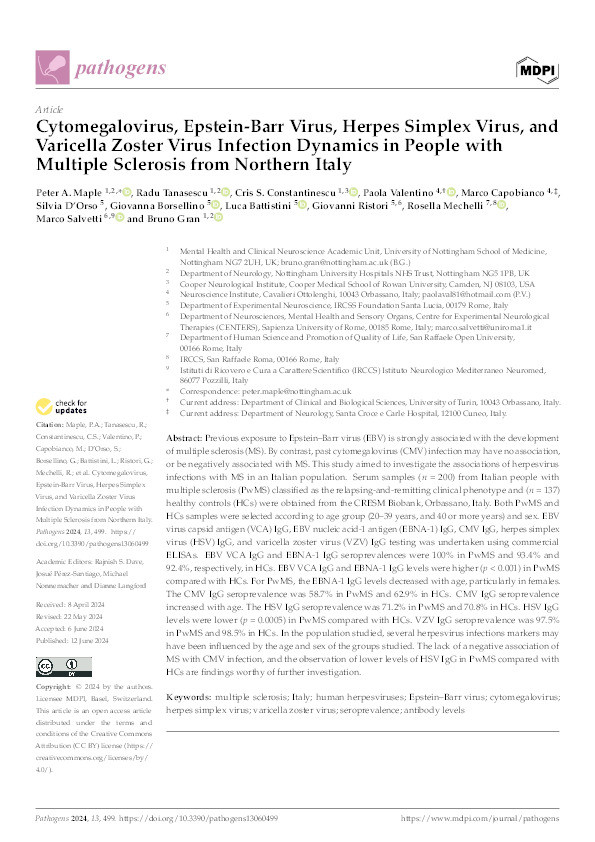 Cytomegalovirus, Epstein-Barr Virus, Herpes Simplex Virus, and Varicella Zoster Virus Infection Dynamics in People with Multiple Sclerosis from Northern Italy Thumbnail