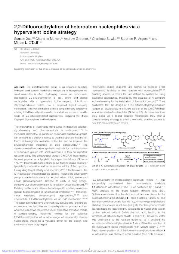 2,2-Difluoroethylation of heteroatom nucleophiles via a hypervalent iodine strategy Thumbnail