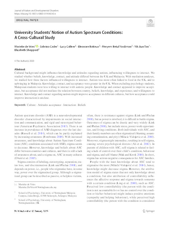 University Students’ Notion of Autism Spectrum Conditions: A Cross-Cultural Study Thumbnail