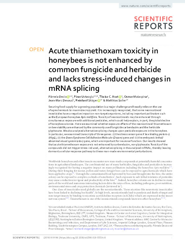 Acute thiamethoxam toxicity in honeybees is not enhanced by common fungicide and herbicide and lacks stress-induced changes in mRNA splicing Thumbnail
