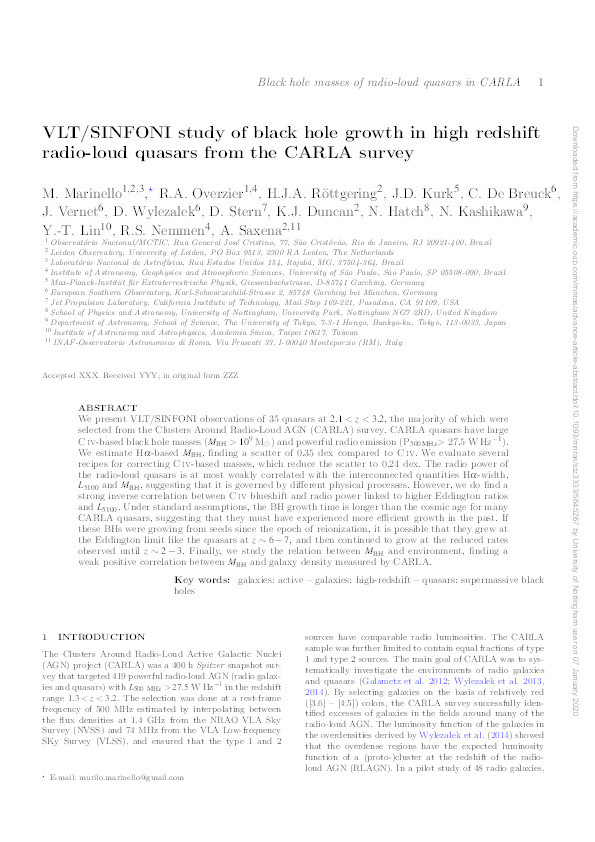 VLT/SINFONI study of black hole growth in high redshift radio-loud quasars from the CARLA survey Thumbnail