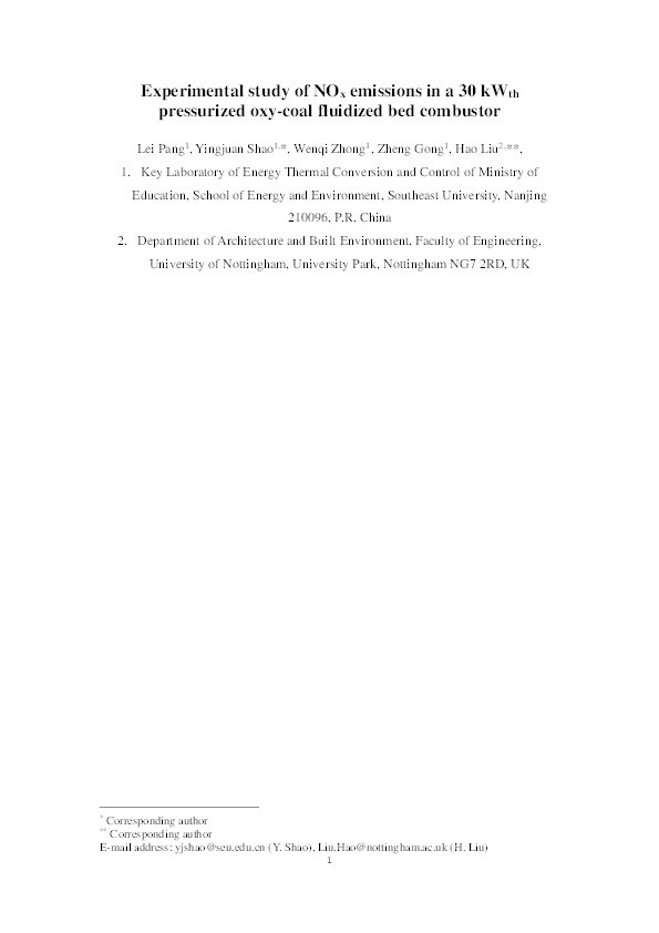 Experimental study of NOx emissions in a 30 kWth pressurized oxy-coal fluidized bed combustor Thumbnail