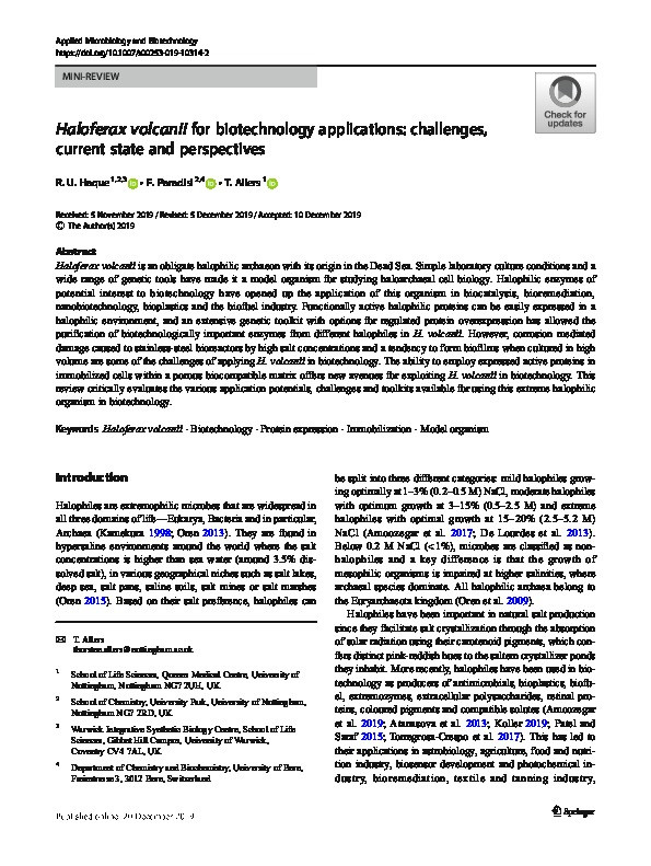 Haloferax volcanii for biotechnology applications: challenges, current state and perspectives Thumbnail