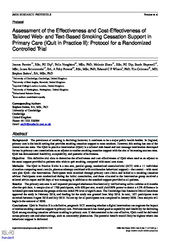 Assessment of the Effectiveness and Cost-Effectiveness of Tailored Web- and Text-Based Smoking Cessation Support in Primary Care (iQuit in Practice II): Protocol for a Randomized Controlled Trial Thumbnail