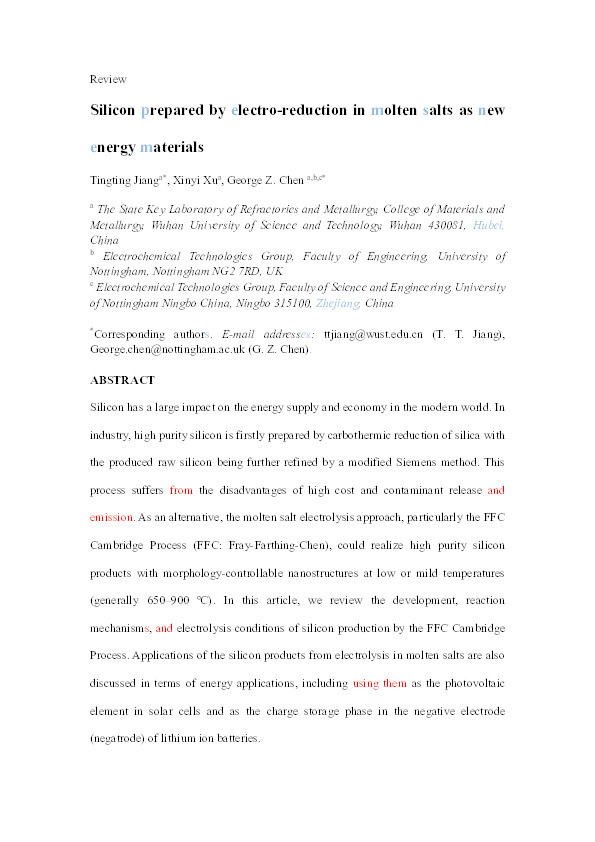 Silicon prepared by electro-reduction in molten salts as new energy materials Thumbnail