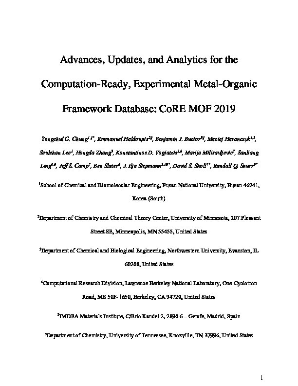 Advances, Updates, and Analytics for the Computation-Ready, Experimental Metal–Organic Framework Database: CoRE MOF 2019 Thumbnail