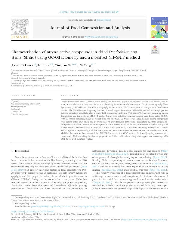 Characterisation of aroma-active compounds in dried Dendrobium spp. stems (Shihu) using GC-Olfactometry and a modified NIF-SNIF method Thumbnail