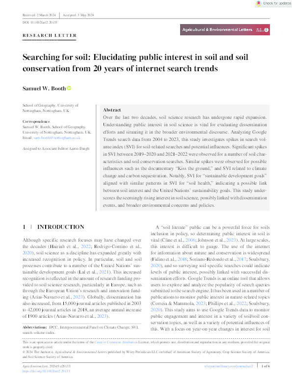 Searching for soil: Elucidating public interest in soil and soil conservation from 20 years of internet search trends Thumbnail