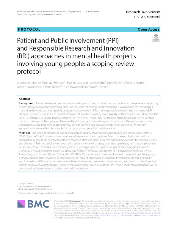 Patient and Public Involvement (PPI) and Responsible Research and Innovation (RRI) approaches in mental health projects involving young people: a scoping review protocol Thumbnail