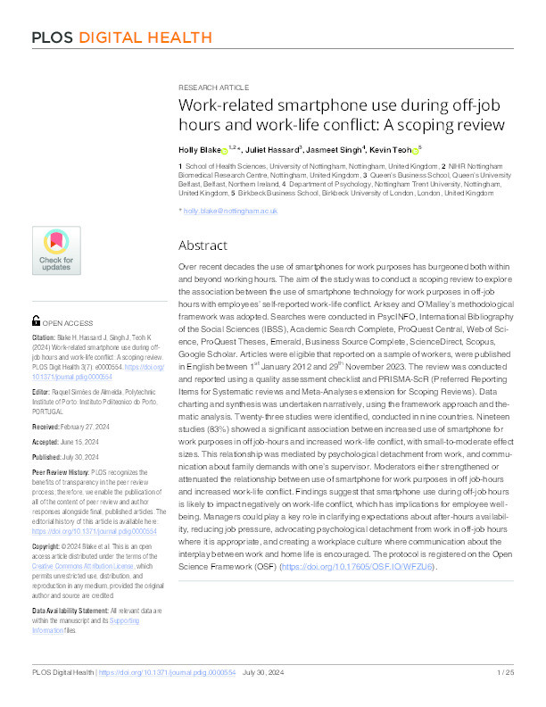 Work-related smartphone use during off-job hours and work-life conflict: a scoping review Thumbnail