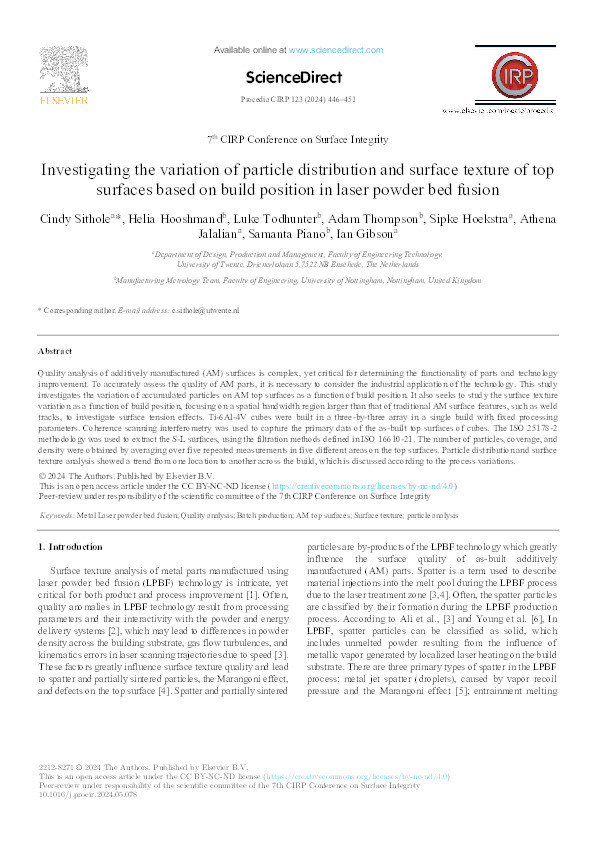 Investigating the variation of particle distribution and surface texture of top surfaces based on build position in laser powder bed fusion Thumbnail