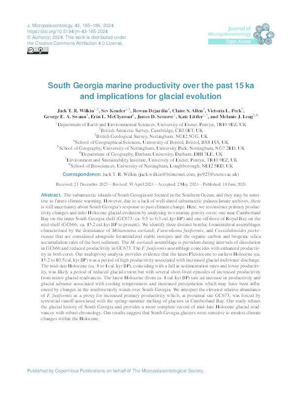 South Georgia marine productivity over the past 15 ka and implications for glacial evolution Thumbnail