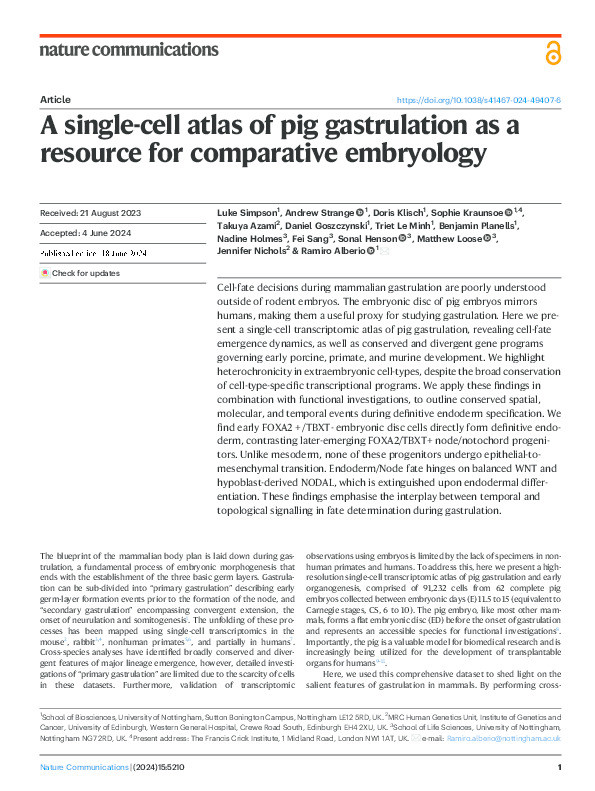 A single-cell atlas of pig gastrulation as a resource for comparative embryology Thumbnail