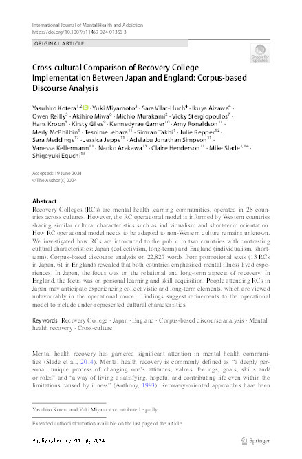 Cross-cultural Comparison of Recovery College Implementation Between Japan and England: Corpus-based Discourse Analysis Thumbnail