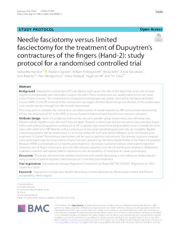 Needle fasciotomy versus limited fasciectomy for the treatment of Dupuytren’s contractures of the fingers (Hand-2): study protocol for a randomised controlled trial Thumbnail