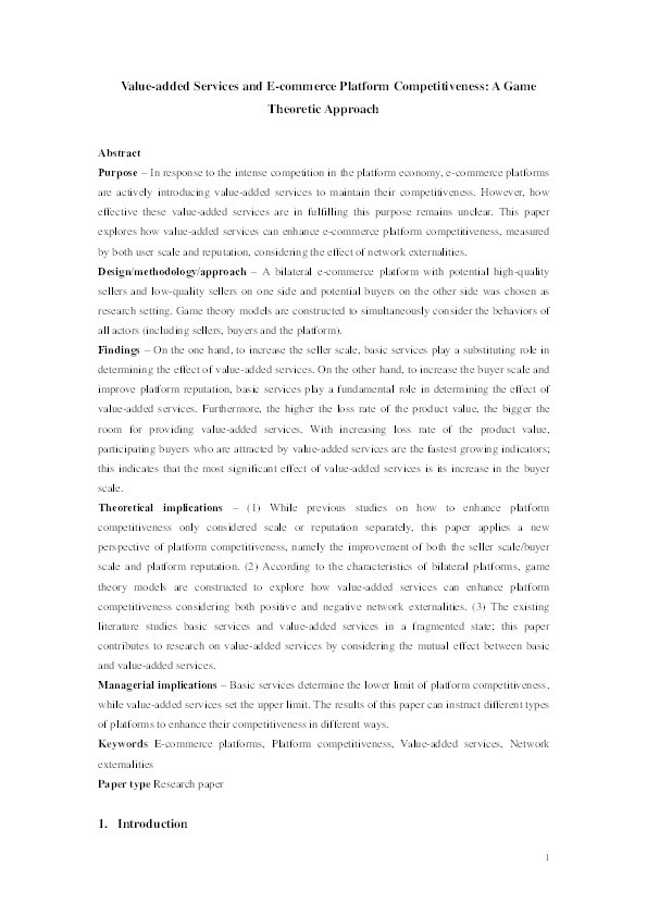 Value-added Services and E-commerce Platform Competitiveness: A Game Theoretic Approach Thumbnail