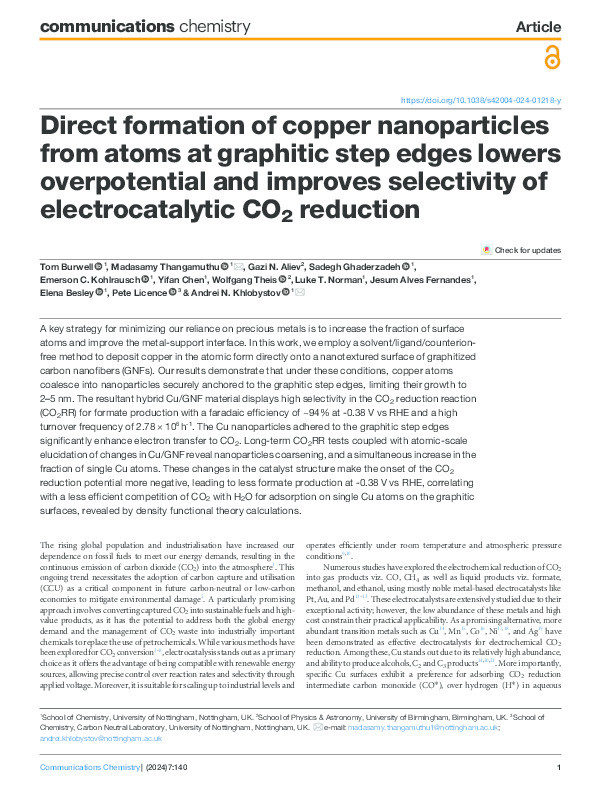 Direct formation of copper nanoparticles from atoms at graphitic step edges lowers overpotential and improves selectivity of electrocatalytic CO2 reduction Thumbnail