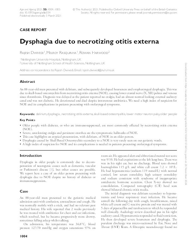 Dysphagia due to necrotizing otitis externa Thumbnail