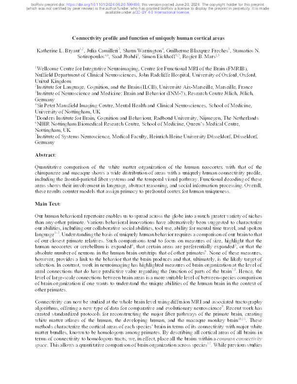 Connectivity profile and function of uniquely human cortical areas Thumbnail